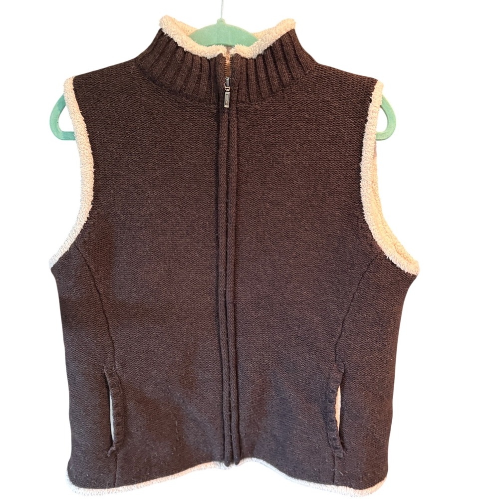 L.L.Bean Womens Lambswool Blend Knit Vest Sherpa Trim Full‎ Zip Brown Large